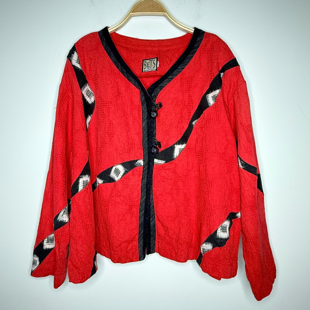 Bets‎ by Canvasbacks Red Textured Open Front Jacket Statement Design Bohemian